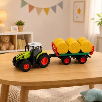 LEAN TOYS nuotoliniu valdymu valdomas ūkinis traktorius su šieno rulių priekaba ir šviesomis 1:24