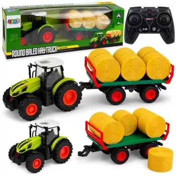LEAN TOYS nuotoliniu valdymu valdomas ūkinis traktorius su šieno rulių priekaba ir šviesomis 1:24