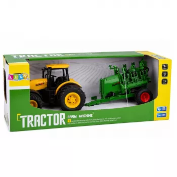 LEAN TOYS Žemės ūkio traktorius su sėjamąja ir kultivatoriumi, šviesos, garsai, geltonas, 1:24