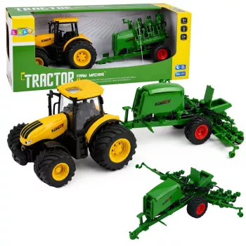 LEAN TOYS Žemės ūkio traktorius su sėjamąja ir kultivatoriumi, šviesos, garsai, geltonas, 1:24