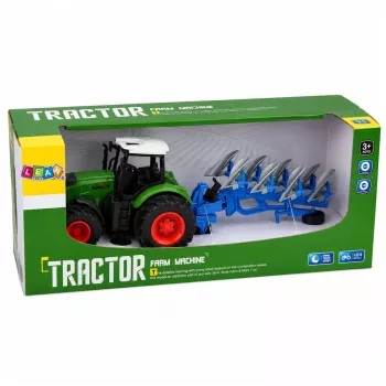 LEAN TOYS Žemės ūkio traktorius su dvipusiu plūgu, guminiais ratais, žalias, 1:24