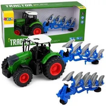 LEAN TOYS Žemės ūkio traktorius su dvipusiu plūgu, guminiais ratais, žalias, 1:24