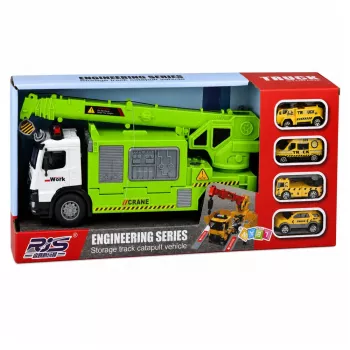 LEAN TOYS Sunkvežimis su Kranu ir Automobilių Vežimu Šviesos Garsai Žalias