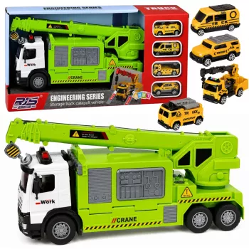 LEAN TOYS Sunkvežimis su Kranu ir Automobilių Vežimu Šviesos Garsai Žalias