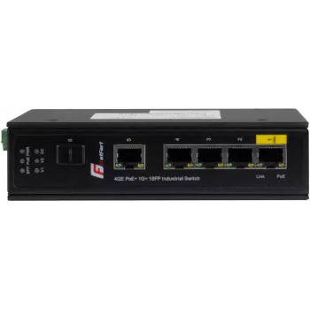 GETFORT GF-110-4PG-1G-1S pramoninis PoE+ jungiklis, 4x PoE+ 10/100/1000Base-T + 1x 10/100/1000Base-T + 1x 1000Base-X SFP, -40°C iki 80°C, DIN bėgis, 65W PoE biudžetas