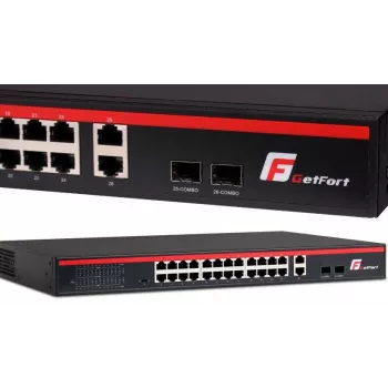 GETFORT GF-226G-24P-250 nevaldomas PoE+ komutatorius, 24x 10/100Mbps PoE+ prievadai, 2x Gigabit RJ45, 2x SFP, 250W, montuojamas į stelažą