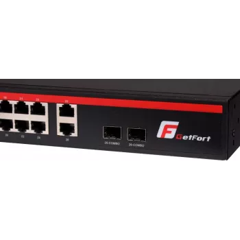 GETFORT GF-226G-24P-250 nevaldomas PoE+ komutatorius, 24x 10/100Mbps PoE+ prievadai, 2x Gigabit RJ45, 2x SFP, 250W, montuojamas į stelažą