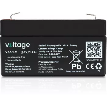 AGM akumuliatorius Voltage 6V 1.2Ah VE6-1.2 (projektuotas tarnavimo laikas 6–9 metai)
