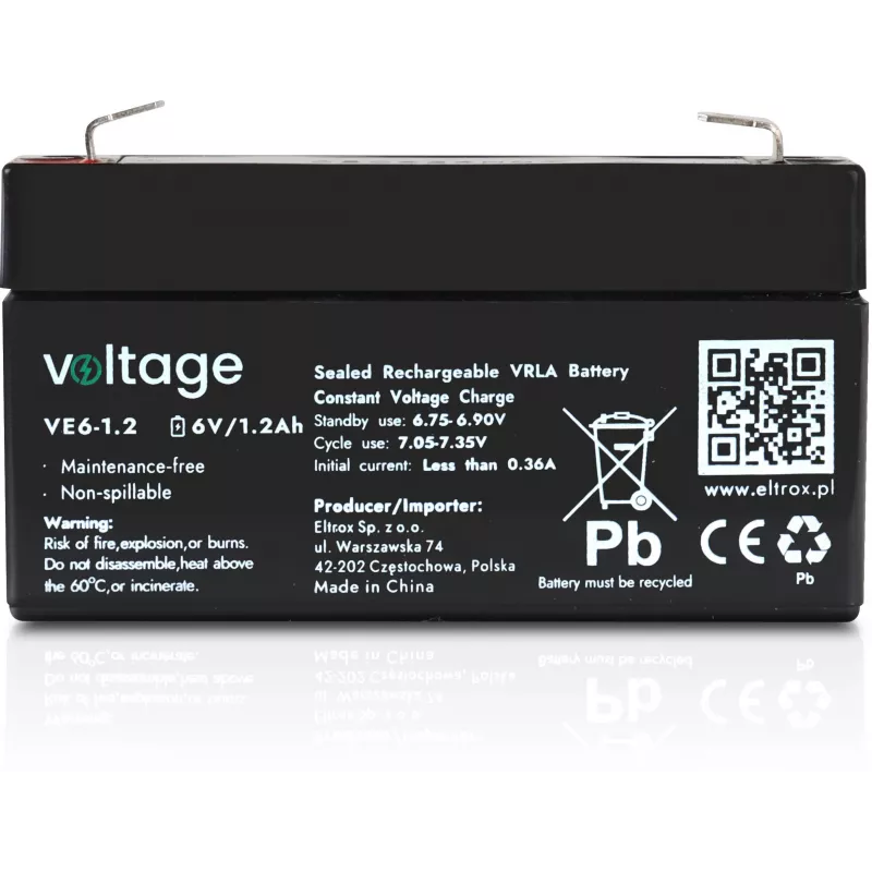 AGM akumuliatorius Voltage 6V 1.2Ah VE6-1.2 (projektuotas tarnavimo laikas 6–9 metai)