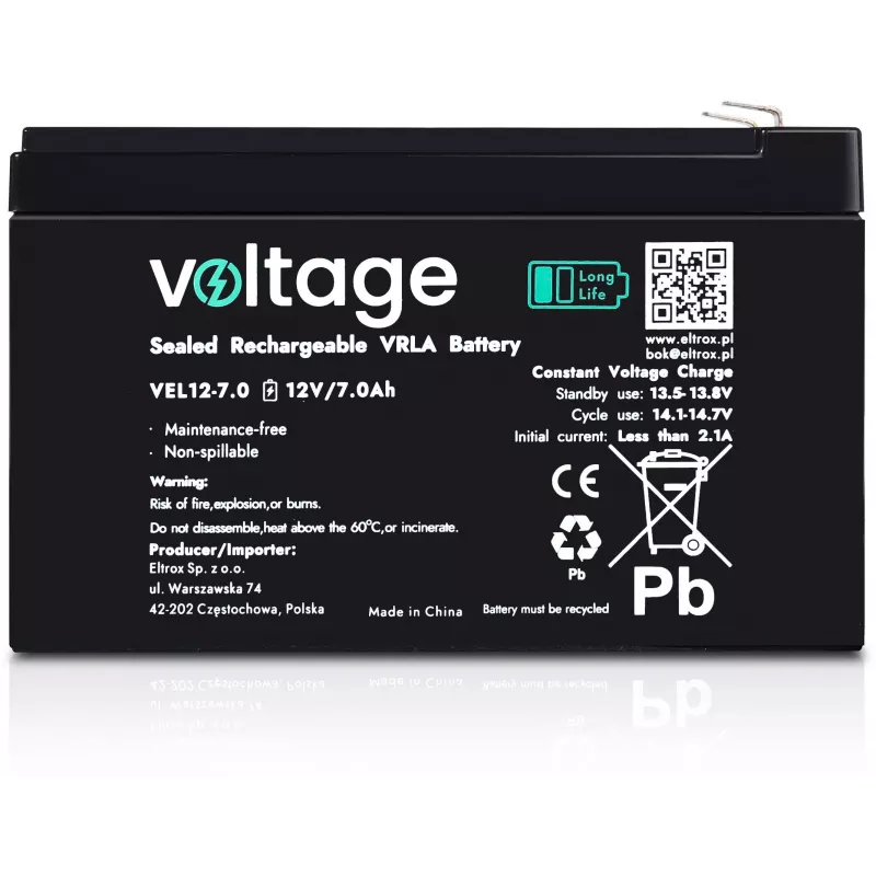 Voltage Long Life AGM Battery 12V 7Ah VEL12-7.0 (15-Year Design Life)