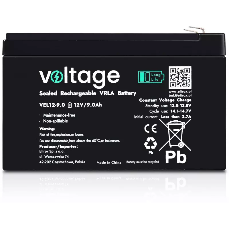 Voltage Long Life AGM Battery 12V 9Ah VEL12-9.0 (15-Year Design Life)