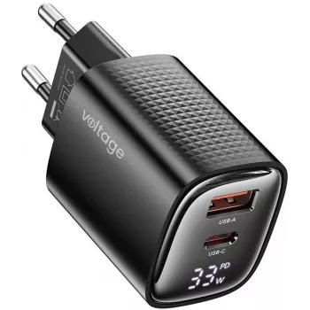 Voltage GaN Charger Mini 33W PD 3.0 QC 3.0 USB-A USB-C Digital Display Black