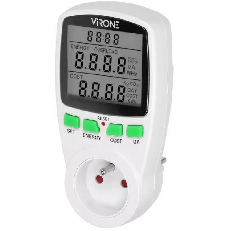 VIRONE EM-4 Vienfazis Elektros Skaitiklis su LCD Ekranu, 16A, 3680W, Schuko Kištukas