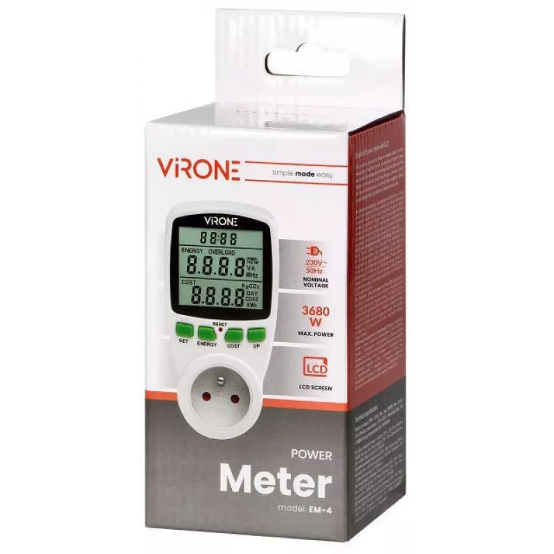 VIRONE EM-4 Vienfazis Elektros Skaitiklis su LCD Ekranu, 16A, 3680W, Schuko Kištukas
