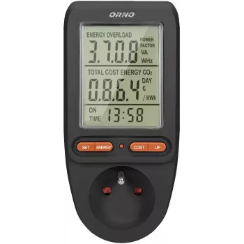 ORNO OR-WAT-435/B Energijos skaitiklis ir elektros sąnaudų skaičiuotuvas, 230V, 16A, LCD ekranas, juoda