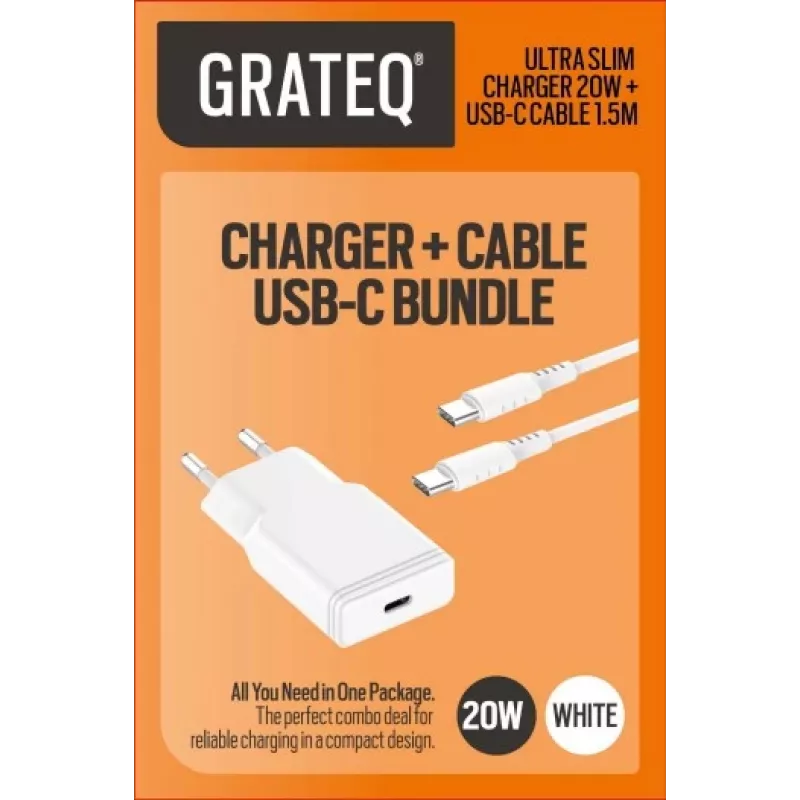 GRATEQ TAHKO 20W USB-C PD sieninis įkroviklis su 1,5 m USB-C – Lightning laidu, baltas