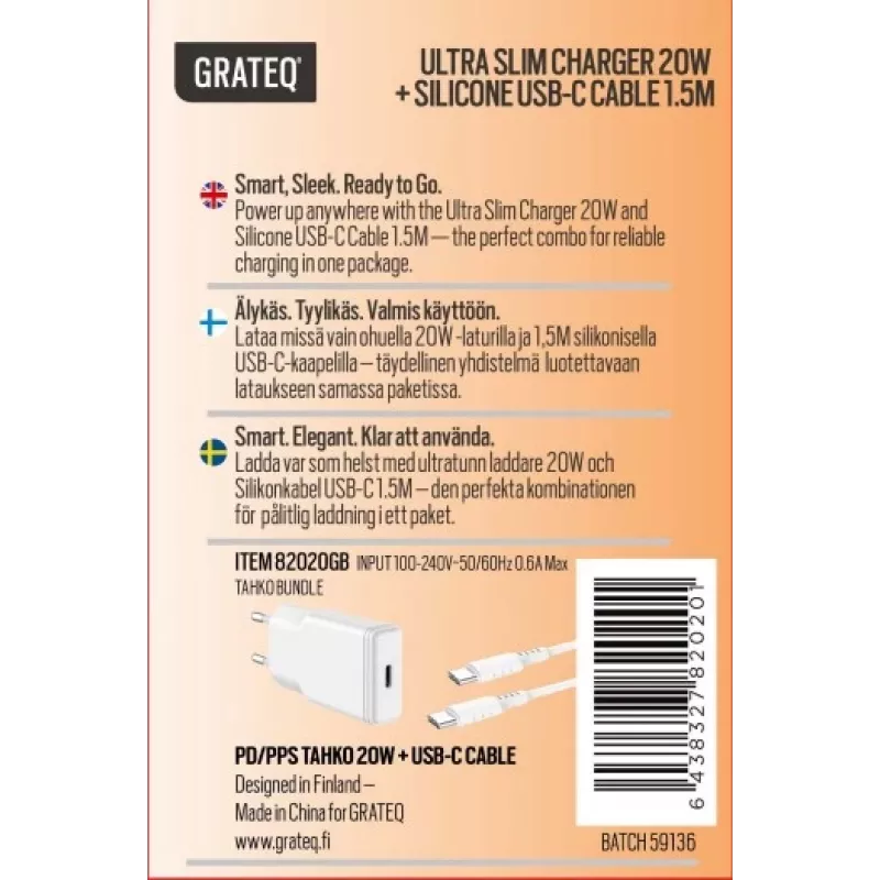 GRATEQ TAHKO 20W USB-C PD sieninis įkroviklis su 1,5 m USB-C – Lightning laidu, baltas