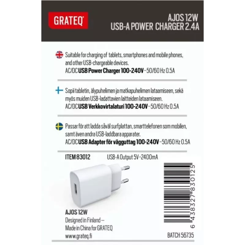 GRATEQ AJOS Įkroviklis USB-A 12 W Baltas