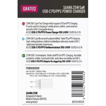 GRATEQ SAANA GaN USB-C 25W PD/PPS sieninis įkroviklis, baltas