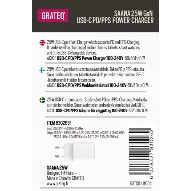 GRATEQ SAANA GaN USB-C 25W PD/PPS sieninis įkroviklis, baltas