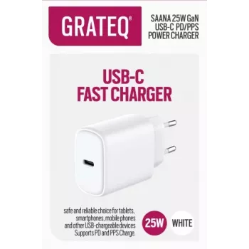 GRATEQ SAANA GaN USB-C 25W PD/PPS sieninis įkroviklis, baltas