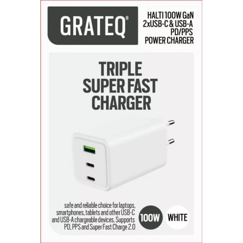 GRATEQ HALTI GaN PD/PPS 2xUSB-C/1xUSB-A 100W sieninis įkroviklis juodas