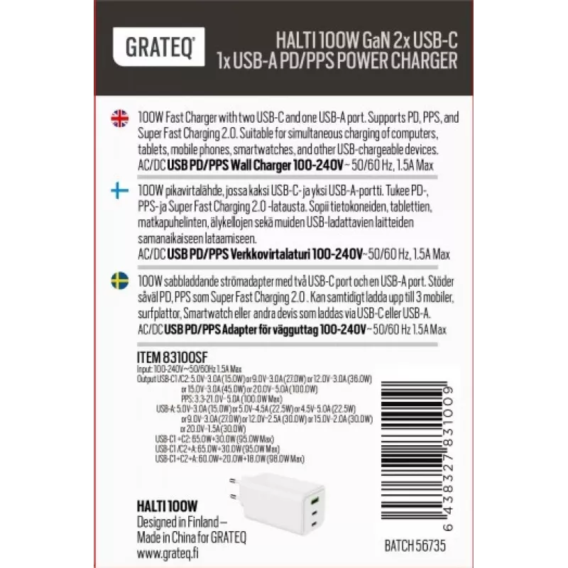GRATEQ HALTI GaN PD/PPS 2xUSB-C/1xUSB-A 100W sieninis įkroviklis juodas