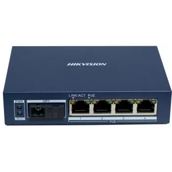 Hikvision DS-3D504TP-A Neprižiūrimas pramoninis PoE jungiklis, 4 PoE+ prievadai, 1 SFP kanalas, 60W biudžetas