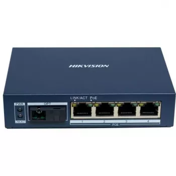Hikvision DS-3D504TP-A Neprižiūrimas pramoninis PoE jungiklis, 4 PoE+ prievadai, 1 SFP kanalas, 60W biudžetas