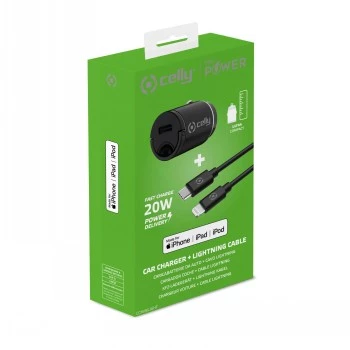 CELLY CCMINILIGHT – Automobilinis įkroviklis USB-C + USB-C į Lightning kabelis 20W [PRO POWER]