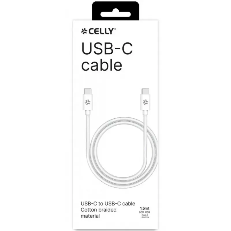 CELLY USBCUSBCCOTT - USB-C į USB-C medvilninis pintas laidas, baltas (Power Delivery)