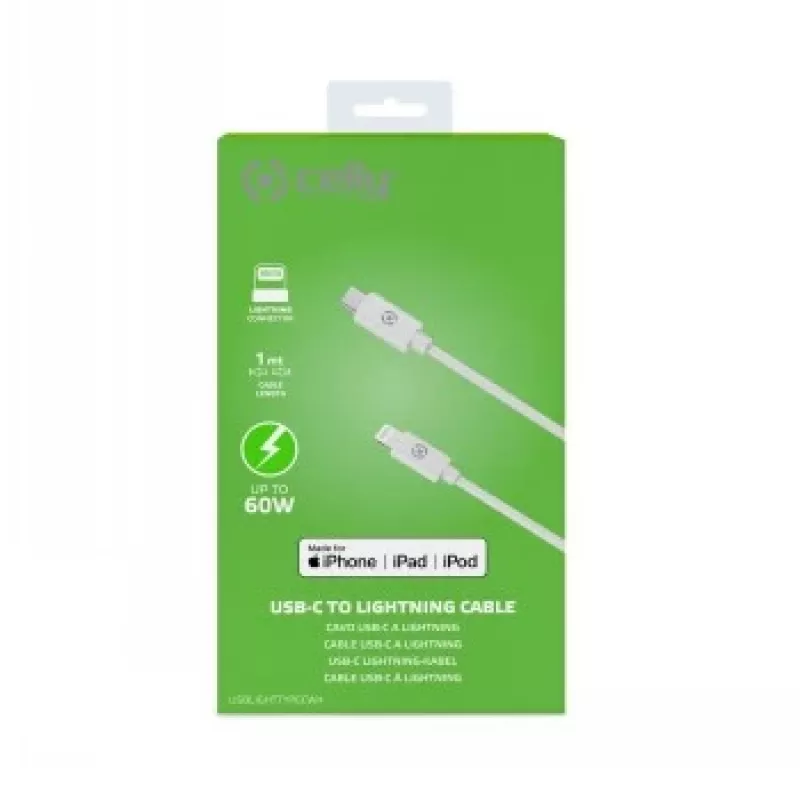 CELLY Lightning į USB-C laidas 60W - 1,2m baltas, MFi sertifikuotas