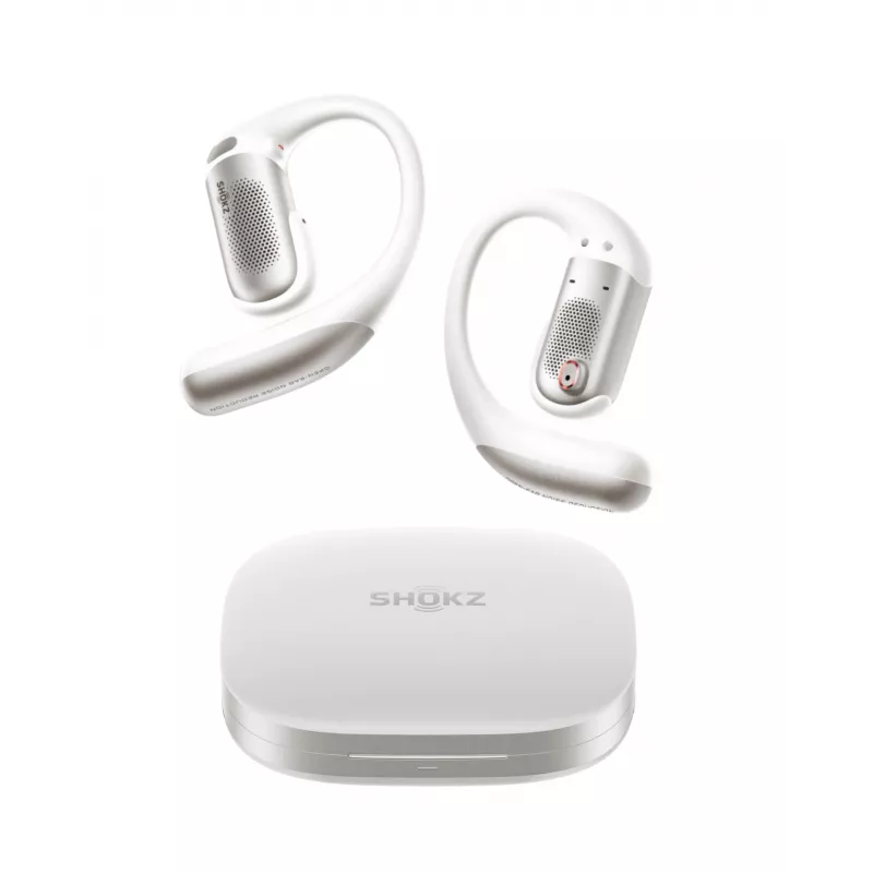 Shokz OpenFit Pro White – atviro tipo belaidės ausinės su DirectPitch™ technologija, Bluetooth 5.3, IP54, 28 h baterija