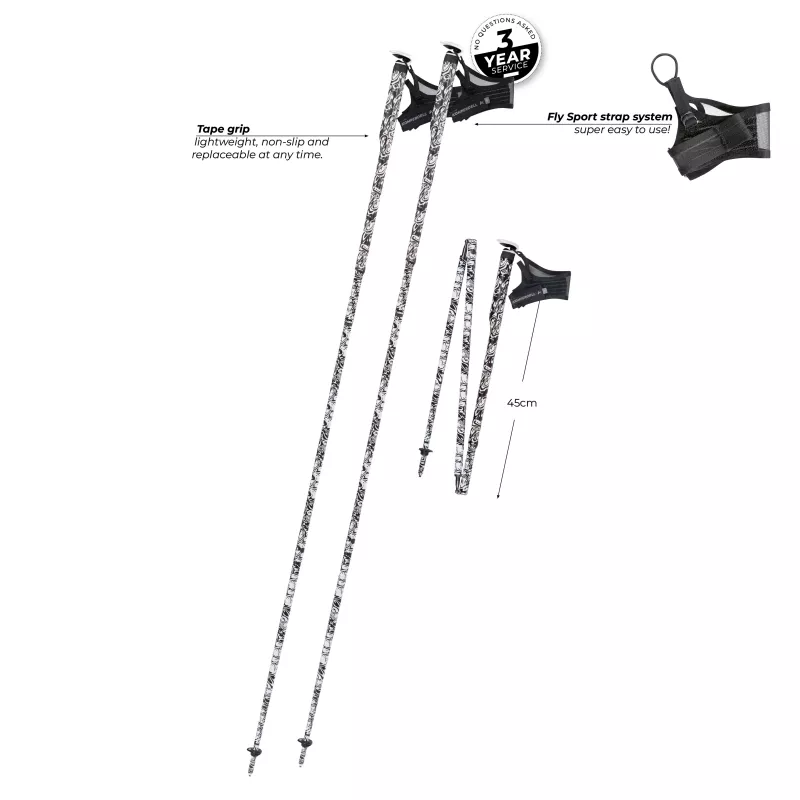Komperdell Erlkönig FXP sudedamos bėgimo lazdos, 120 cm, 3 dalių ypač lengvas anglies pluoštas 14 mm, savaime išsiskleidžianti FXP sistema, Trail Pro Tape rankena
