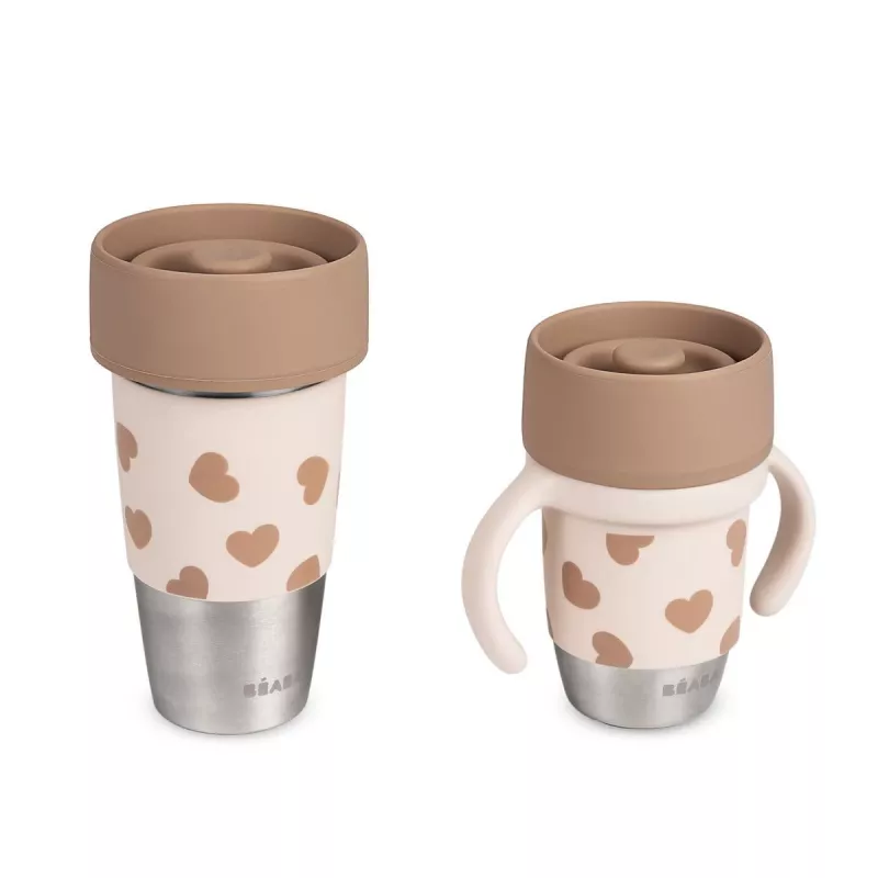 Beaba Mini & Me BigLove nerūdijančio plieno puodelių rinkinys mamai ir vaikui 360° mokomasis puodelis 2 vnt.