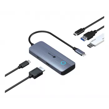 IcyBox IB-DK4081-SO Spade Dock 4081 5-in-1 kelioninė doko stotelė su Off-Screen įkrovimu, USB-C, HDMI 4K, Gigabit Ethernet, 2x USB-A, 100W PD, aliuminio