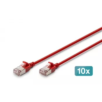 DIGITUS CAT 6A F/FTP plonas jungiamasis kabelis, 0,3 m, raudonas, 10 vnt., LSZH, 10G Ethernet, RJ45