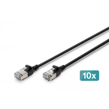 DIGITUS CAT 6A F/FTP plonas patch laidas, 0,3 m, juodas, 10 vnt. pakuotė, LSZH, 10Gbps, 500MHz