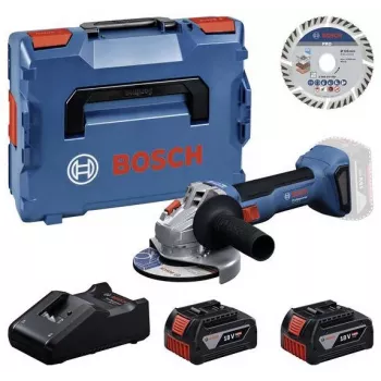 Bosch Professional GWS 18V-11 S belaidis kampinis šlifuoklis su 2x 4,0Ah baterijomis, įkrovikliu ir L-BOXX