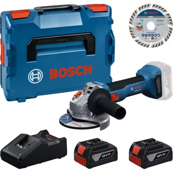Bosch Professional GWS 18V-11 S belaidis kampinis šlifuoklis su 2x 4,0Ah baterijomis, įkrovikliu ir L-BOXX