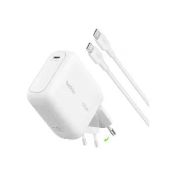 Belkin BOOSTCHARGE 100W USB-C GaN sieninis įkroviklis su 1,5 m USB-C į USB-C kabeliu - baltas