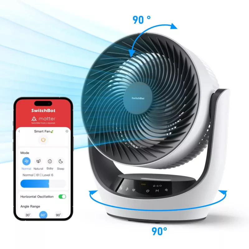 SwitchBot Battery-Powered Smart Circulator Fan 100 greičių, 90° horizontalus ir 100° vertikalus siūbavimas, Bluetooth ir Wi-Fi (reikalingas Hub), baltas