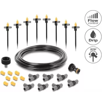 Delock Micro-Drip Set for Pots – pilnas lašelinio laistymo rinkinys vazoniniams augalams, 10 augalų, 15 m pagrindinė žarna, reguliuojami lašintuvai, atsparus UV spinduliams