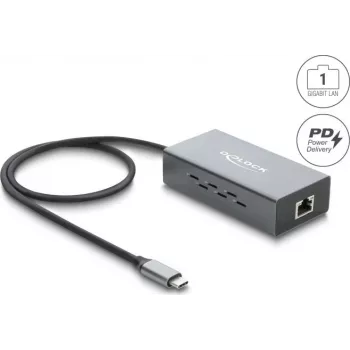 Delock USB Type-C Gigabit Ethernet tinklo adapteris su RJ45 PoE ir USB Power Delivery