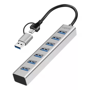 LogiLink USB 3.0 Hub 7x USB-A 2-in-1 jungiamasis kabelis, sidabrinis