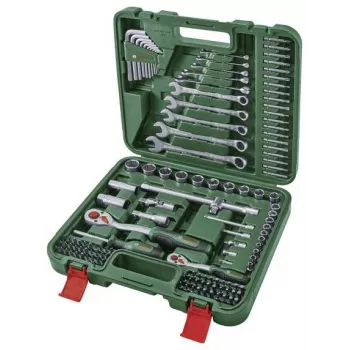 BOSCH POWERTOOLS 134 dalių „pasidaryk pats“ įrankių rinkinys žaliame dėkle su rankiniais įrankiais, antgaliais, tvirtinimo detalėmis ir priedais