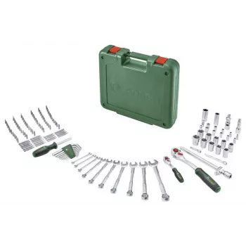 BOSCH POWERTOOLS 134 dalių „pasidaryk pats“ įrankių rinkinys žaliame dėkle su rankiniais įrankiais, antgaliais, tvirtinimo detalėmis ir priedais