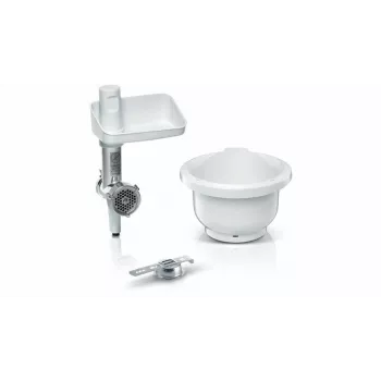 Bosch MUZS2BS mėsmalės priedas MUM serijos 2 ir 5 virtuvės mašinoms – nerūdijančio plieno peilis, 4,5 mm diskas, dešrų ir kebbės priedai