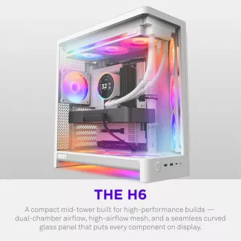 NZXT H6 2026 Mid-Tower oro srauto korpusas žaidimams, baltas, su grūdintu stiklu