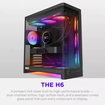 NZXT H6 RGB+ 2026 vidutinio bokšto oro srauto žaidimų korpusas juodas, grūdintas stiklas